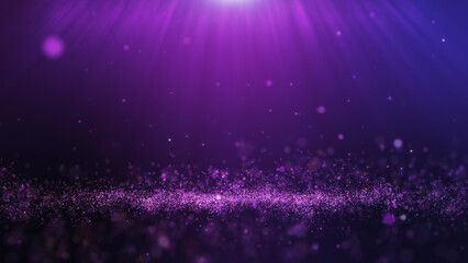 Glitter purple particles stage and light shine abstract background. Flickering particles with bokeh effect.