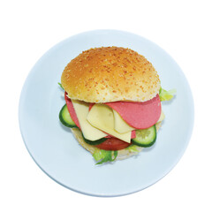 Top view of sandwich with cheddar, salami, lettuce, cucumber, tomatoes served on plate