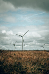 Fototapeta na wymiar Wind turbines on English farmland with a retro film look
