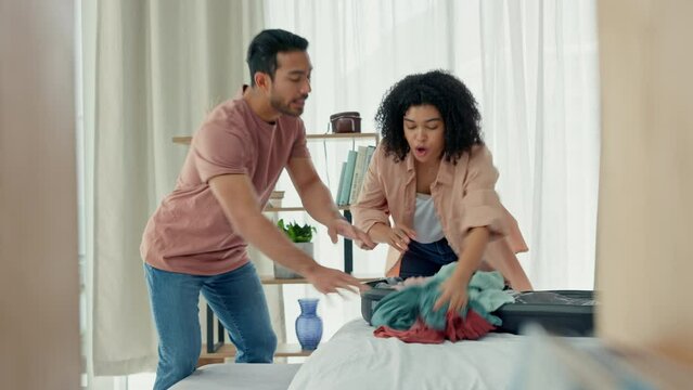 Divorce, fight and breakup couple leaving, packing bag woman and man with drama home apartment. Upset husband begging or angry, unhappy people argue, fighting together for relationship fail problems