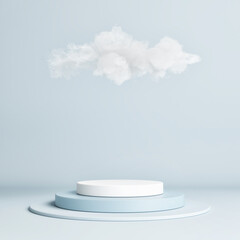 3D mock up podium with  in the clouds or haze. Bright abstract background in mid century style for product or cosmetics presentation. 3d render, 3d illustration.