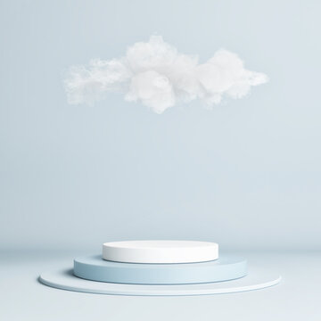 3D mock up podium with  in the clouds or haze. Bright abstract background in mid century style for product or cosmetics presentation. 3d render, 3d illustration.