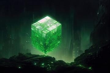 A glass cube made of solid transparent matter is located in the center of the forest landscape. Magic glow, green neon, ecosystem, connection. Green neon cube. 3D illustration
