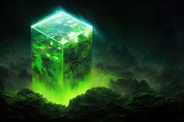 A glass cube made of solid transparent matter is located in the center of the forest landscape. Magic glow, green neon, ecosystem, connection. Green neon cube. 3D illustration
