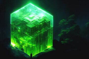 A glass cube made of solid transparent matter is located in the center of the forest landscape. Magic glow, green neon, ecosystem, connection. Green neon cube. 3D illustration