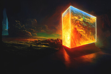 A glass cube made of solid transparent matter is located in the center of the landscape. Magic glow, neon, ecosystem, connection. neon cube. 3D illustration