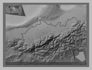 Blida, Algeria. Grayscale. Labelled points of cities