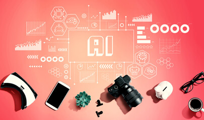 AI theme with electronic gadgets and office supplies - flat lay