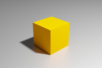 3D rendering of a yellow or orange cube box with shadow in perspective view on a glossy white surface