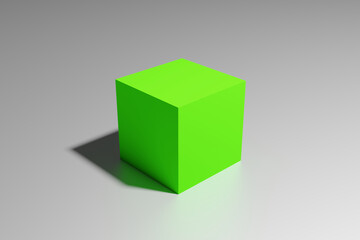 3D rendering of a green cube box with shadow in perspective view on a glossy white surface