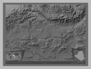 Bouira, Algeria. Grayscale. Labelled points of cities