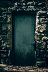 An old green wooden door on an abandoned English cottage building 