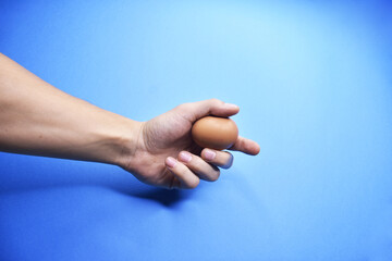 Obraz premium Man's hand holding egg on blue background.