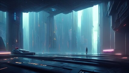 Futuristic high-tech night room, office in cyberpunk dystopian New York. Modern neon interior, a large panoramic window with a view of the city at night. Reflection of rays of light. 3D illustration