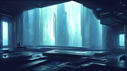 Futuristic high-tech night room, office in cyberpunk dystopian New York. Modern neon interior, a large panoramic window with a view of the city at night. Reflection of rays of light. 3D illustration