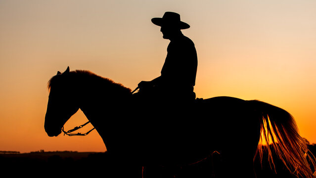 Silhouette of a gaucho with hat on horseback at sunset