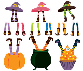 Halloween witches stockings legs. Cute witchcraft cauldron, pumpkin and cupcake feet boots for party invitation card.