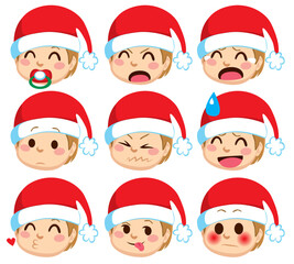 Little boy wearing Santa Claus hat making different face expressions. Emoji for Christmas and New Year