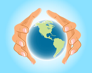 Female hands surrounding big Earth planet. Ruling the world concept