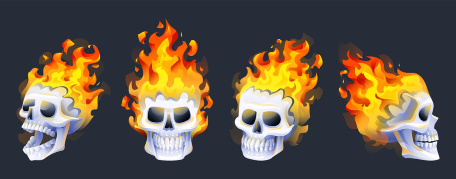 Set of burning skull heads with fire vector illustration