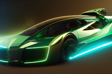 Naklejka premium Green Cyberpunk Sports Car. Kit Designs for Vehicle. Race Car. Rally, Adventure Vehicle. Concept Art Scenery. Book Illustration. Video Game Scene. Serious Digital Painting. CG Artwork Background. 