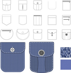 A collection of pocket and swatches vector illustrations of knitted fabrics and denim for design use.