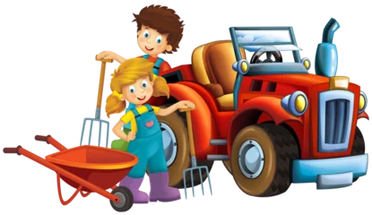 Fototapeten cartoon scene with farmer girl and boy near the tractor isoalated illustration for children © honeyflavour