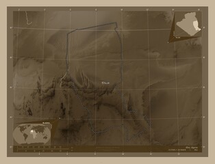 Illizi, Algeria. Sepia. Labelled points of cities