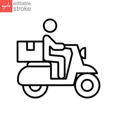 Delivery bike line icon. Shipping male riding motorcycle. Express ground postal Service by scooter, Track trace processing status. Editable stroke Vector illustration Design on white background EPS 10
