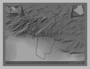 Khenchela, Algeria. Grayscale. Labelled points of cities