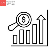Sales forecasting outline icon. Analytics financial, business analysis. magnifying glass, bar graph observation budget estimate. Editable stroke Vector illustration Design on white background EPS 10