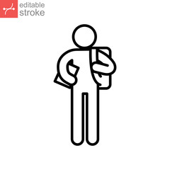 Freshman student with backpack line icon. High school pupil, rucksack. schoolchildren logo College newcomer International student editable stroke vector illustration design on white background EPS 10