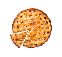 Delicious traditional apple pie isolated on white, top view