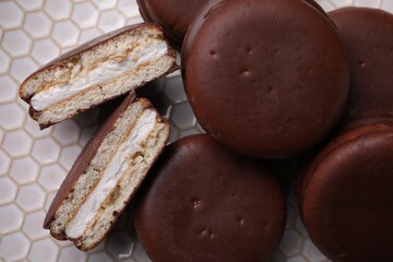 Tasty choco pies, top view. Snack cakes