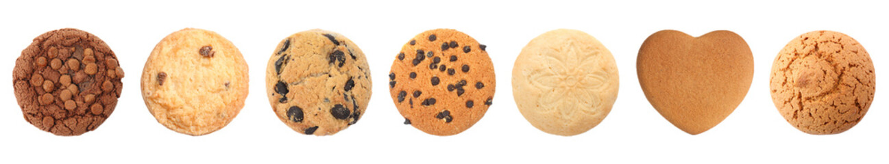 Set with delicious different cookies on white background, top view. Banner design