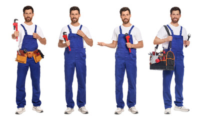 Obraz premium Collage with photos of professional plumber on white background