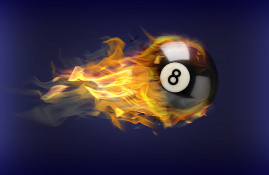 Billiard ball with number 8 in fire flying on blue background
