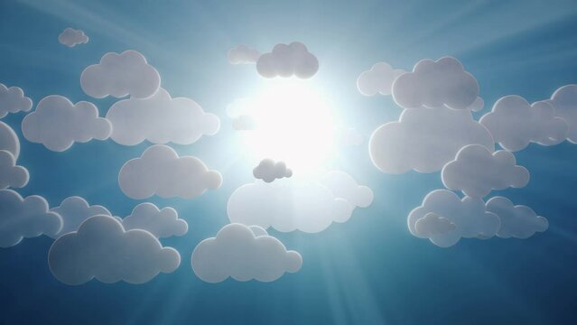 3d white paper clouds moving horizontally with light on blue sky wall flat style seamlessly looping background 4k