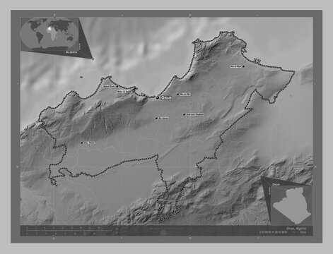 Oran, Algeria. Grayscale. Labelled points of cities