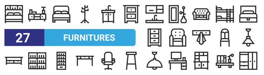 set of 27 outline web furnitures icons such as canopy bed, chest of drawers, double bed, mirror, armchair, shelves, ceiling light, wardrobe vector thin icons for web design, mobile app.