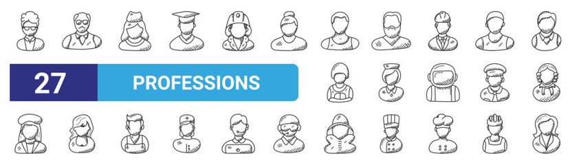 set of 27 outline web professions icons such as scientist, salesman, stewardess, welder, air hostess, clerk, fireman, administrator vector thin icons for web design, mobile app.