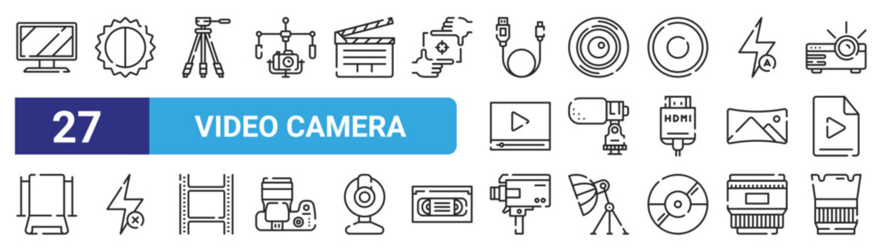 set of 27 outline web video camera icons such as tv monitor, brightness and contrast, camera tr, lens, microphone, flash off, super, parasol vector thin icons for web design, mobile app.