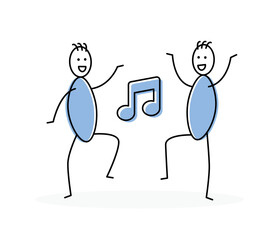 Stickman or stick figures dancing vector. Hand drawn dancers cartoon character. People smiling enjoying dance in party.