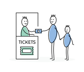 Stick man with child buying pass ticket to cashier. Vector graphic illustration