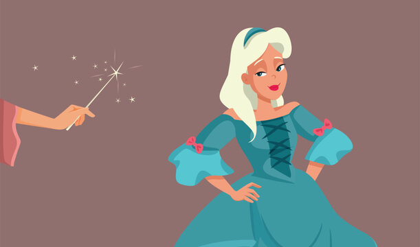 Fairy Godmother Casting a Spell on Princess Vector Illustration. Happy girl receiving a gift from a good witch granting her wish 
