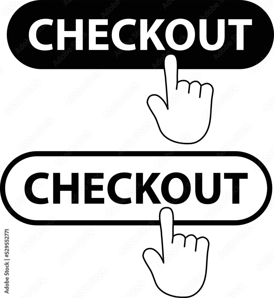 Poster checkout button with hand cursor on white background. checkout button sign. flat style.
