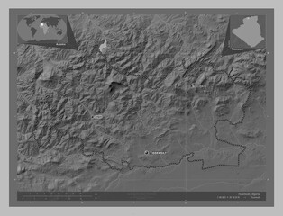 Tissemsilt, Algeria. Grayscale. Labelled points of cities