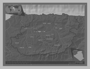 Tizi Ouzou, Algeria. Grayscale. Labelled points of cities