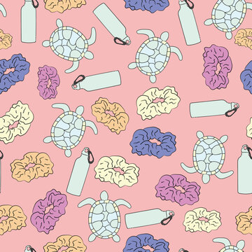 And I Oop Meme Seamless Pattern background with sea turtles, scrunchies and water bottles. Trendy and hip pastel rainbow aesthetic for vsco girls