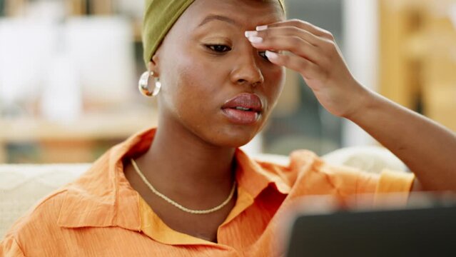 Anxiety, breathing and stress business woman with laptop reading email for fail, job loss or bad report online in living room home. Depressed and shocked entrepreneur with sad news or mistake review